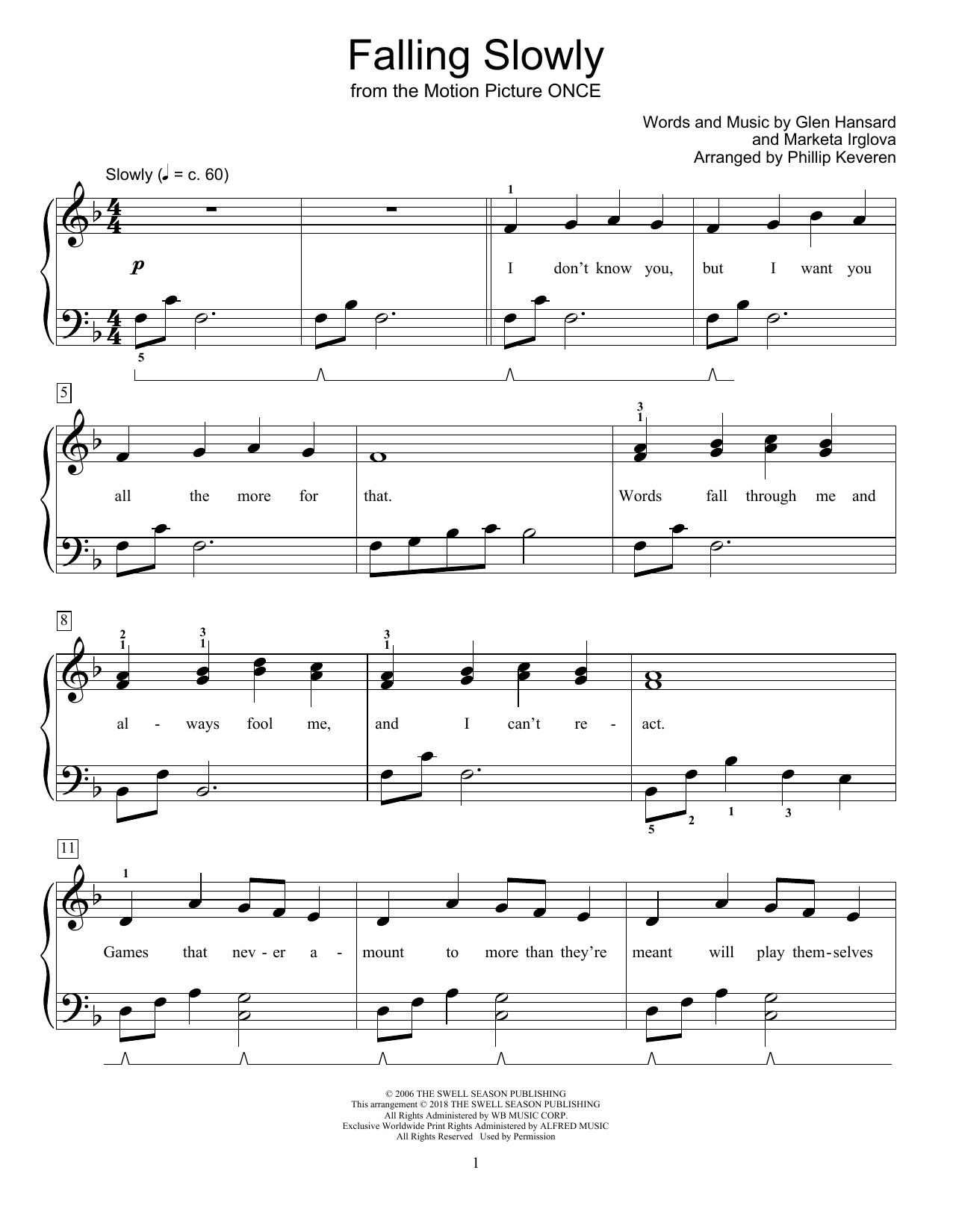 Download Glen Hansard & Marketa Irglova Falling Slowly (from Once) (arr. Phillip Keveren) Sheet Music and learn how to play Educational Piano PDF digital score in minutes