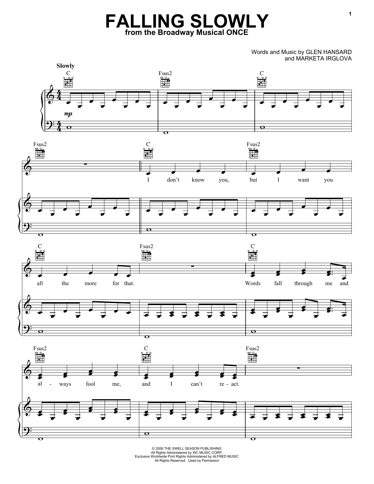 Download Glen Hansard Falling Slowly Sheet Music and learn how to play Piano, Vocal & Guitar (Right-Hand Melody) PDF digital score in minutes