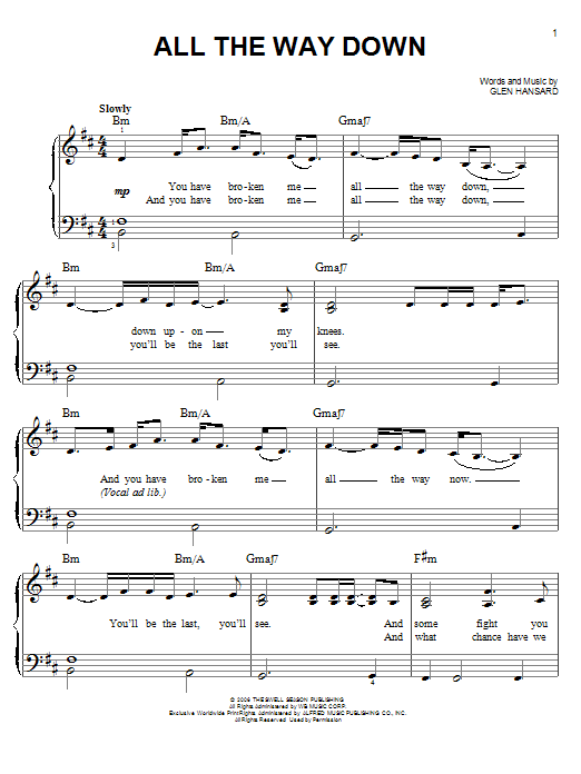 Download Glen Hansard All The Way Down Sheet Music and learn how to play Easy Piano PDF digital score in minutes