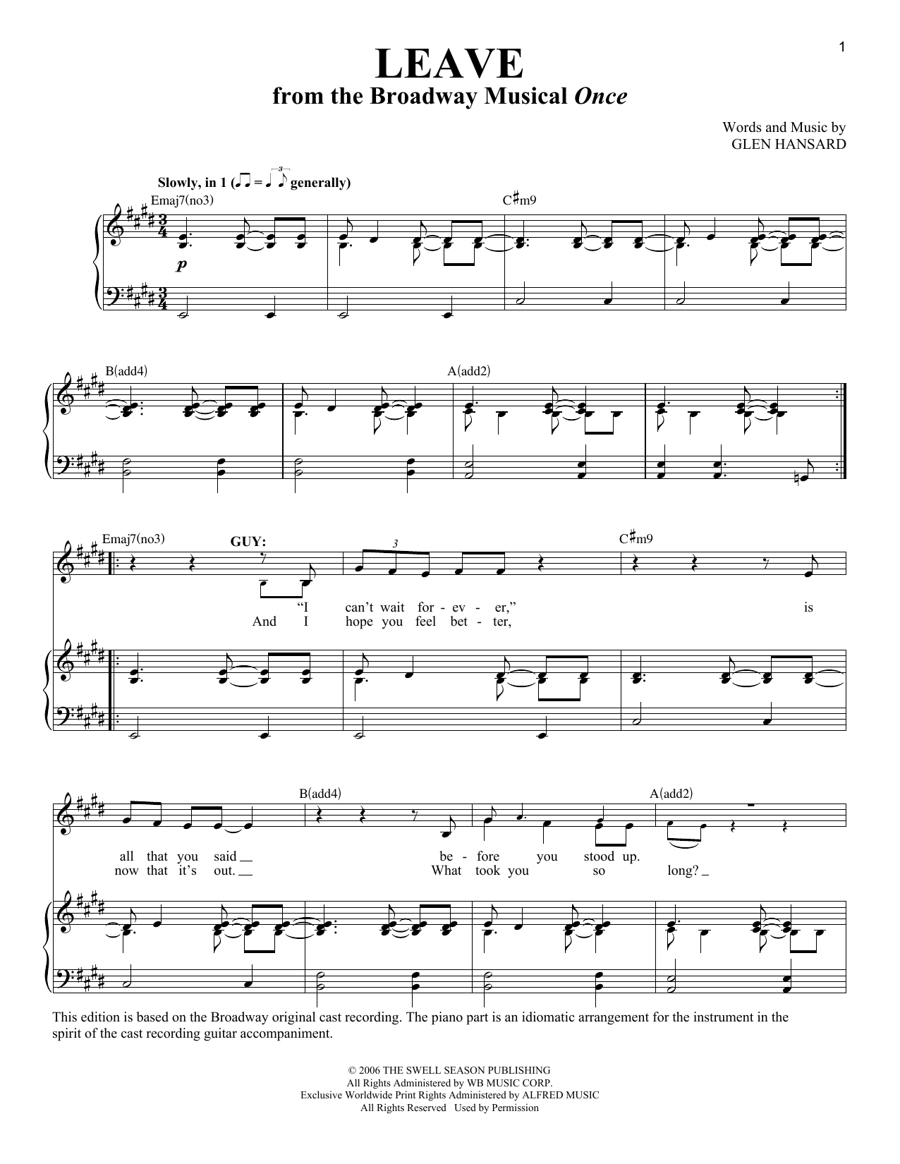 Download Glen Hansard Leave Sheet Music and learn how to play Piano & Vocal PDF digital score in minutes