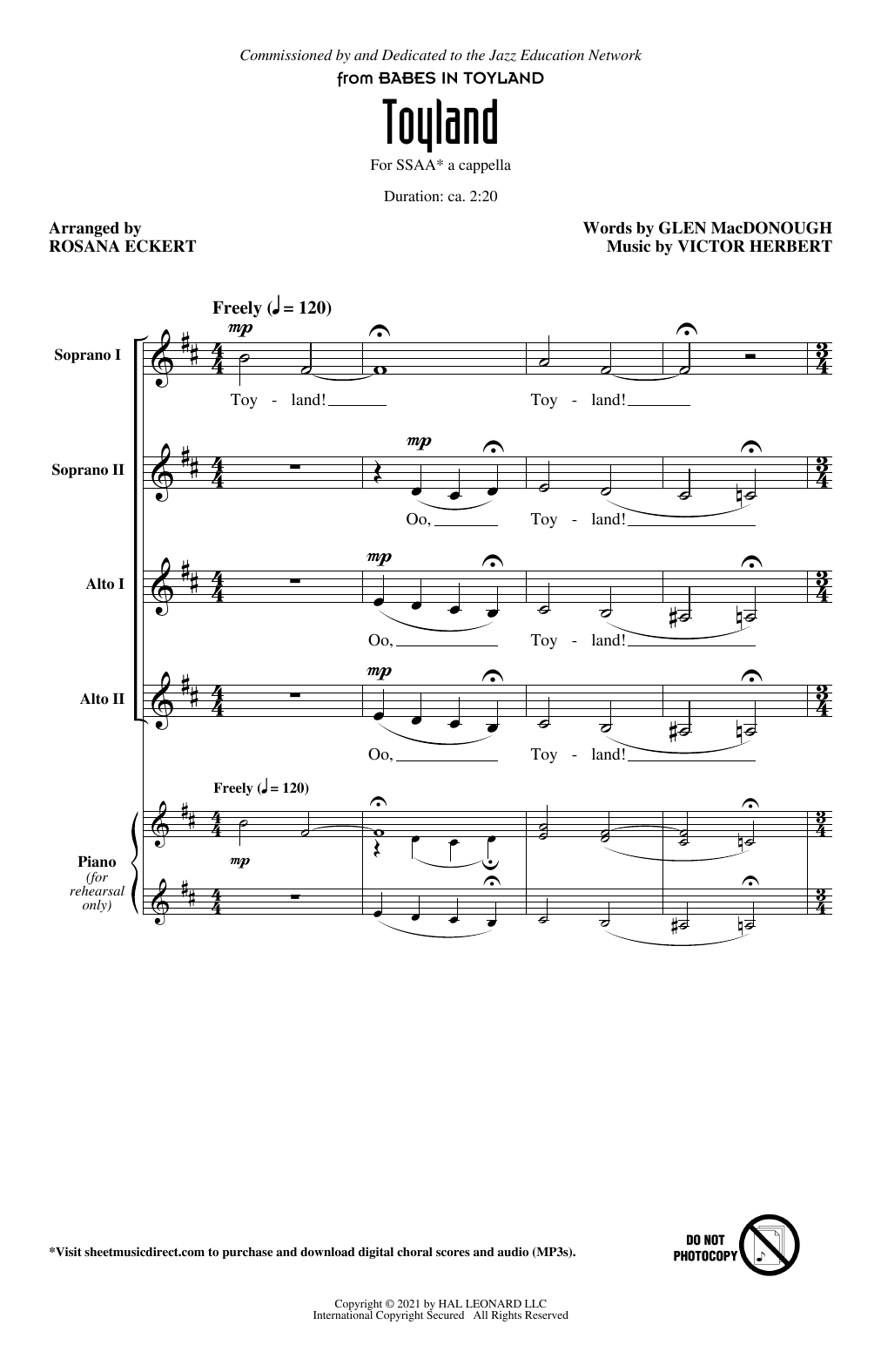 Download Glen MacDonough and Victor Herbert Toyland (from Babes In Toyland) (arr. Rosana Eckert) Sheet Music and learn how to play SSAA Choir PDF digital score in minutes