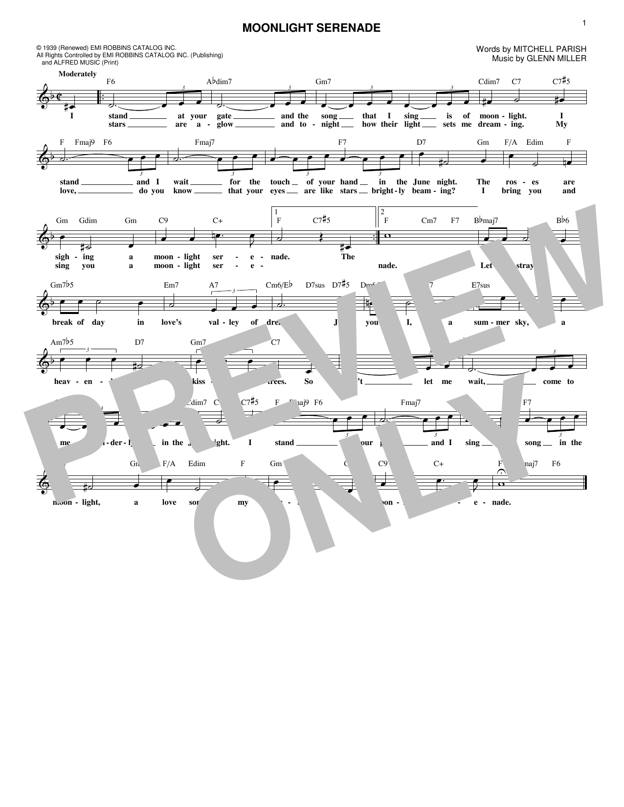 Download Glen Miller Moonlight Serenade Sheet Music and learn how to play Melody Line, Lyrics & Chords PDF digital score in minutes