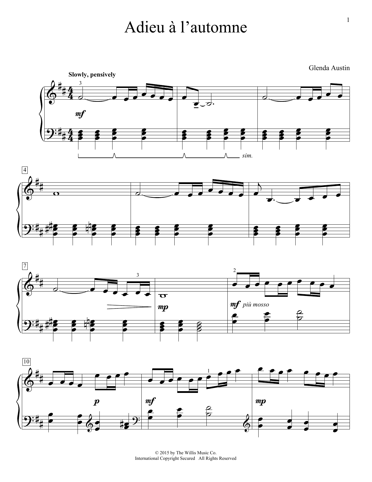 Download Glenda Austin Adieu A' L'automne Sheet Music and learn how to play Easy Piano PDF digital score in minutes