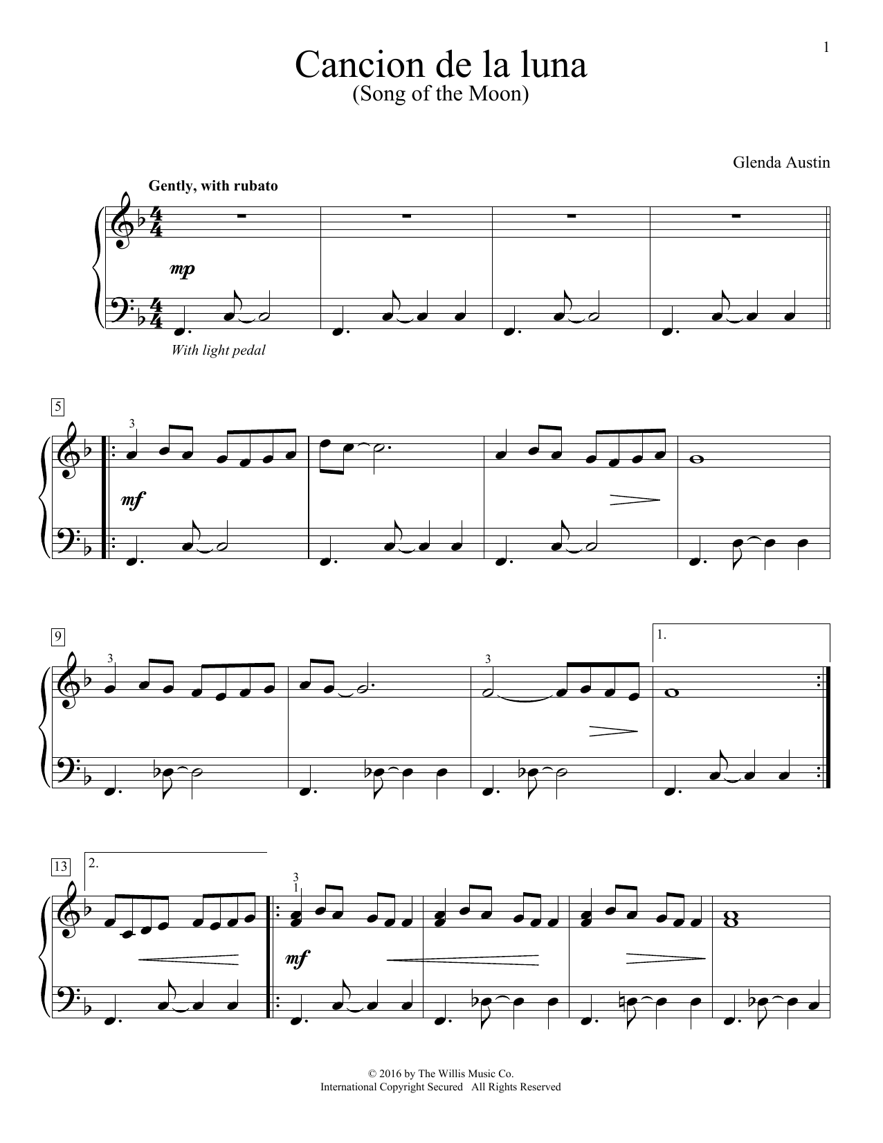 Download Glenda Austin Cancion De La Luna Sheet Music and learn how to play Piano PDF digital score in minutes