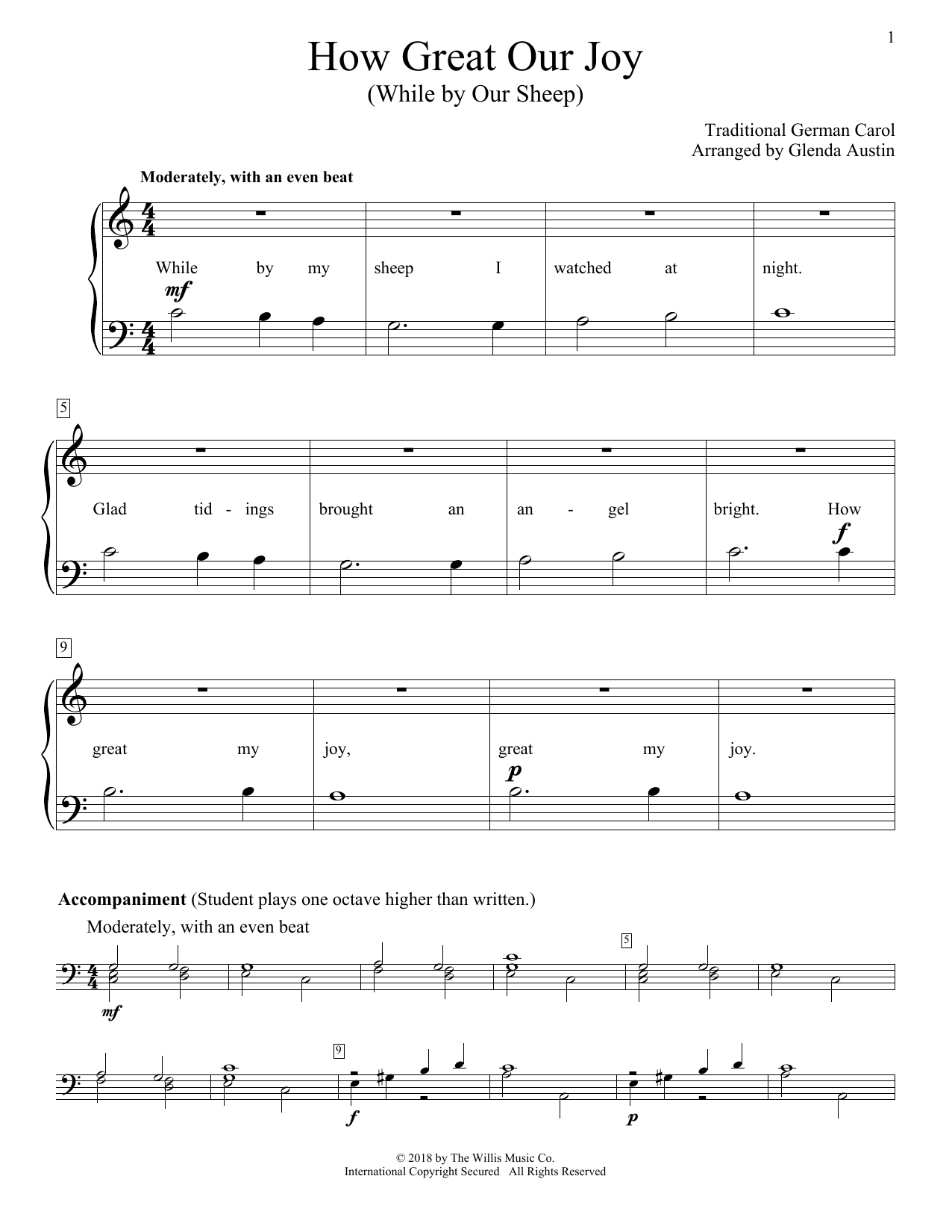 Download Glenda Austin How Great Our Joy (While By Our Sheep) Sheet Music and learn how to play Educational Piano PDF digital score in minutes