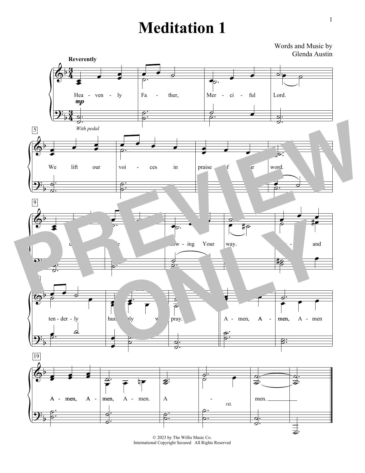 Download Glenda Austin Meditation 1 Sheet Music and learn how to play Educational Piano PDF digital score in minutes