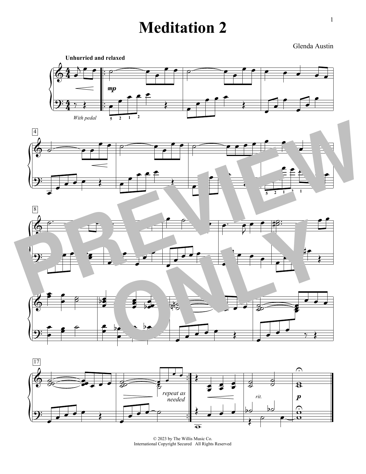 Download Glenda Austin Meditation 2 Sheet Music and learn how to play Educational Piano PDF digital score in minutes