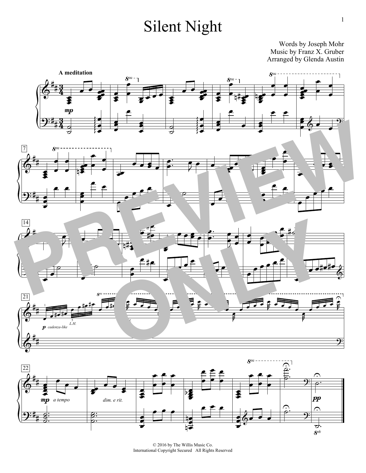Download Glenda Austin Silent Night Sheet Music and learn how to play Easy Piano PDF digital score in minutes