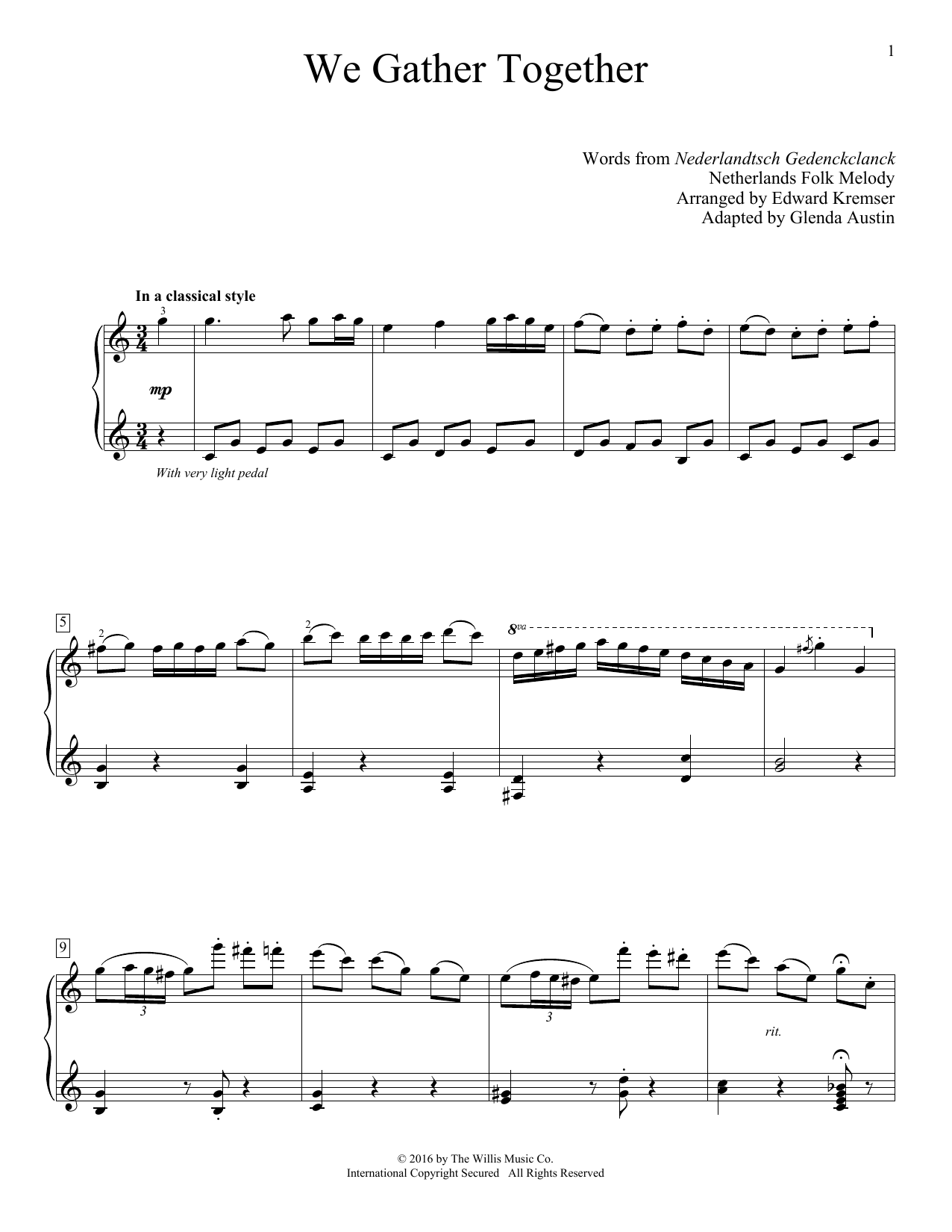 Download Nederlandtsch Gedenckclanck We Gather Together Sheet Music and learn how to play Easy Piano PDF digital score in minutes