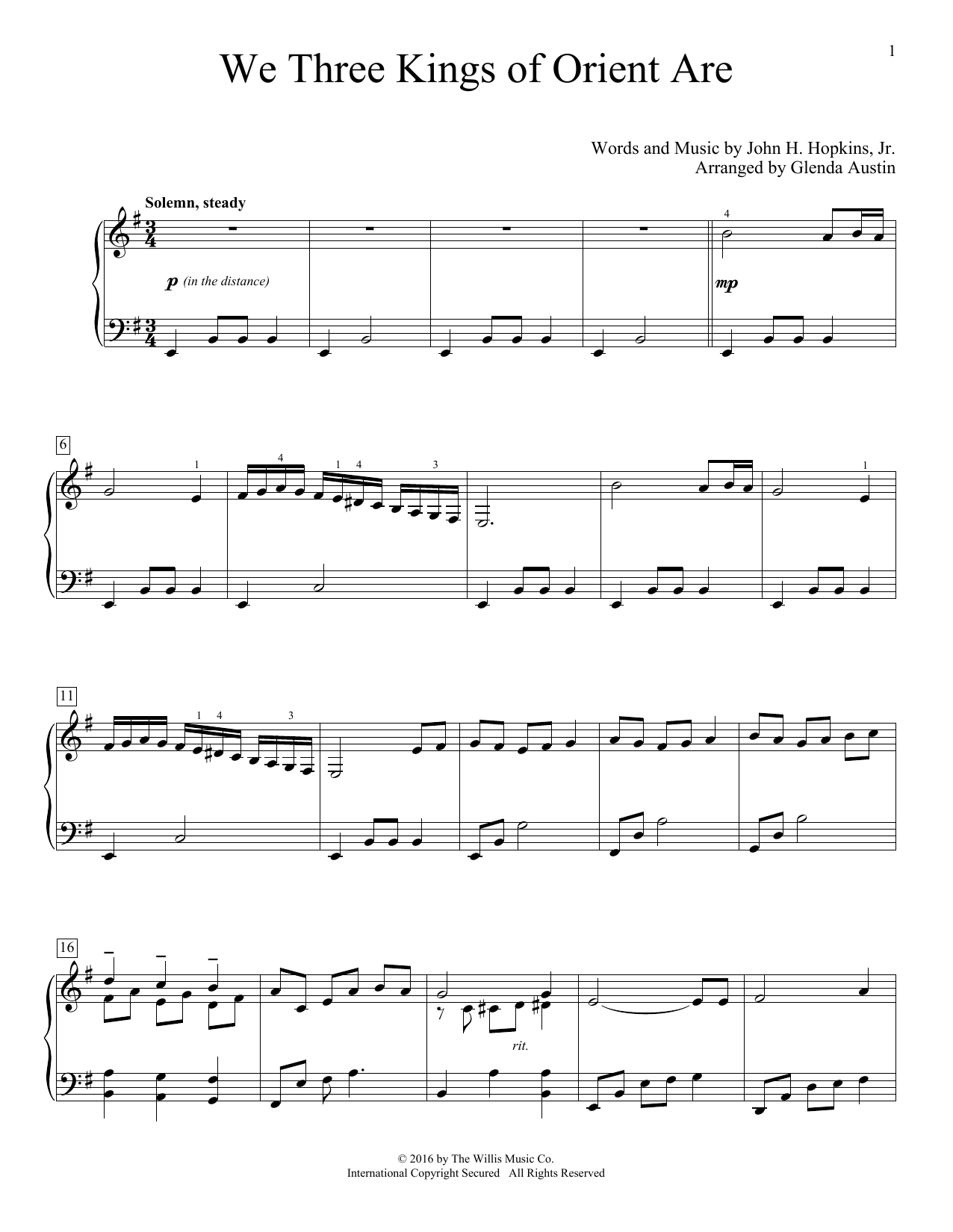 Download Glenda Austin We Three Kings Of Orient Are Sheet Music and learn how to play Easy Piano PDF digital score in minutes