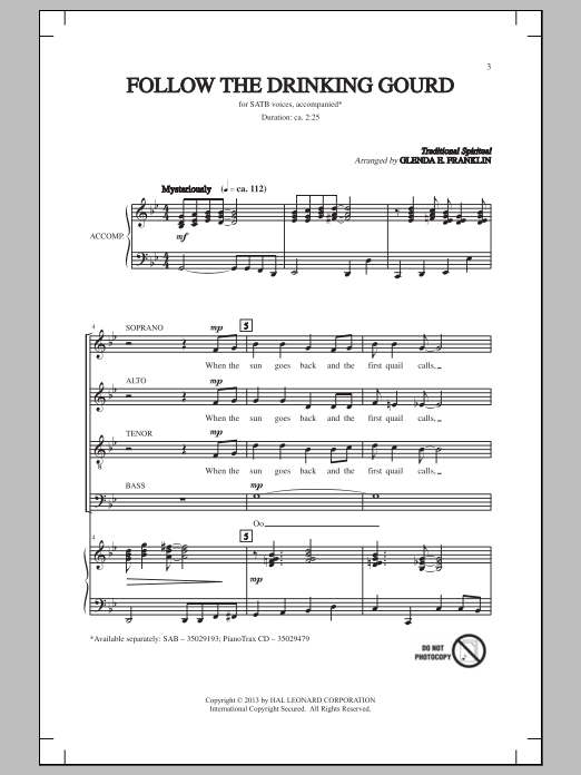 Download Glenda E. Franklin Follow The Drinkin' Gourd Sheet Music and learn how to play SAB PDF digital score in minutes