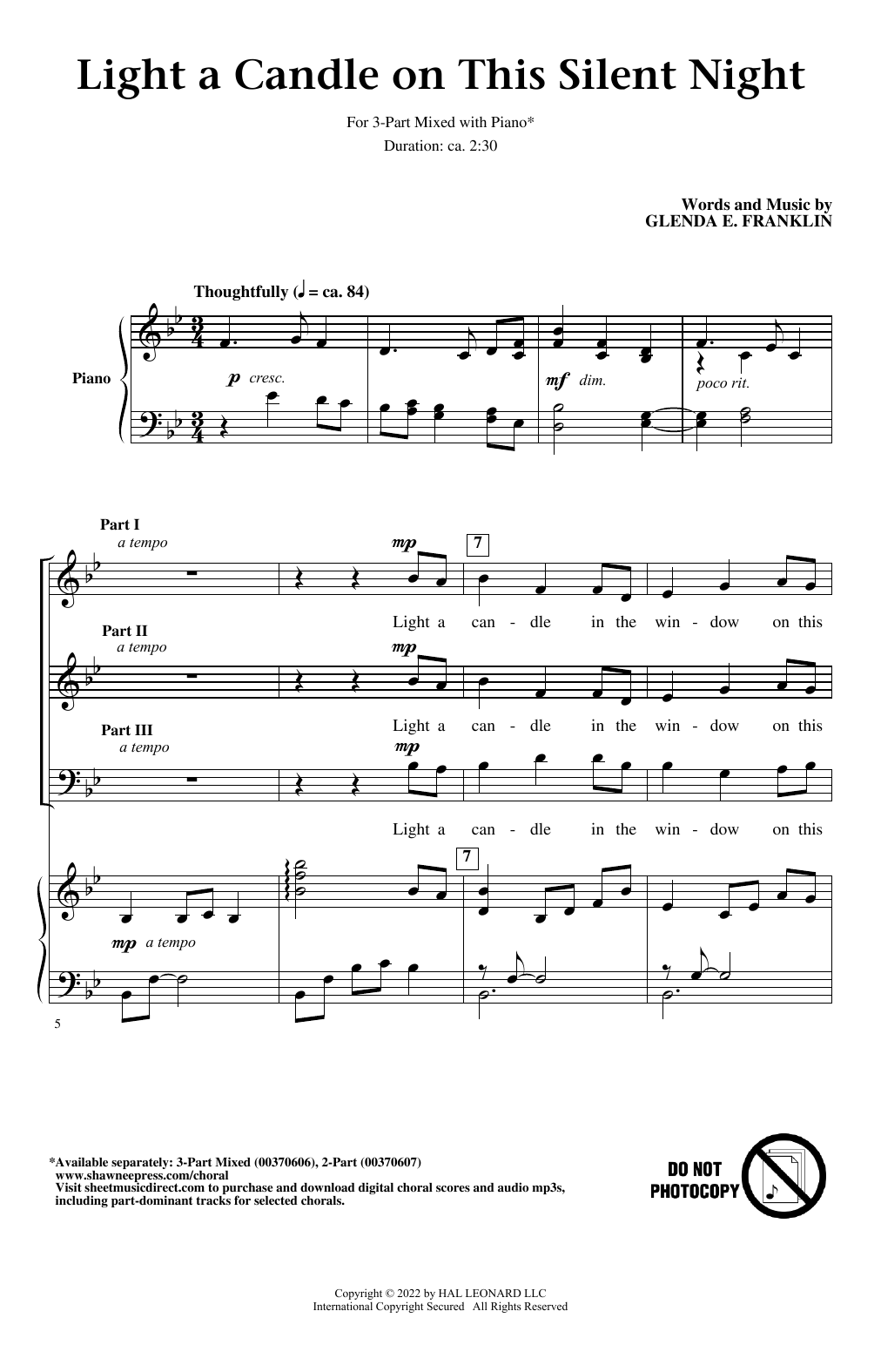 Download Glenda E. Franklin Light A Candle On This Silent Night Sheet Music and learn how to play 3-Part Mixed Choir PDF digital score in minutes