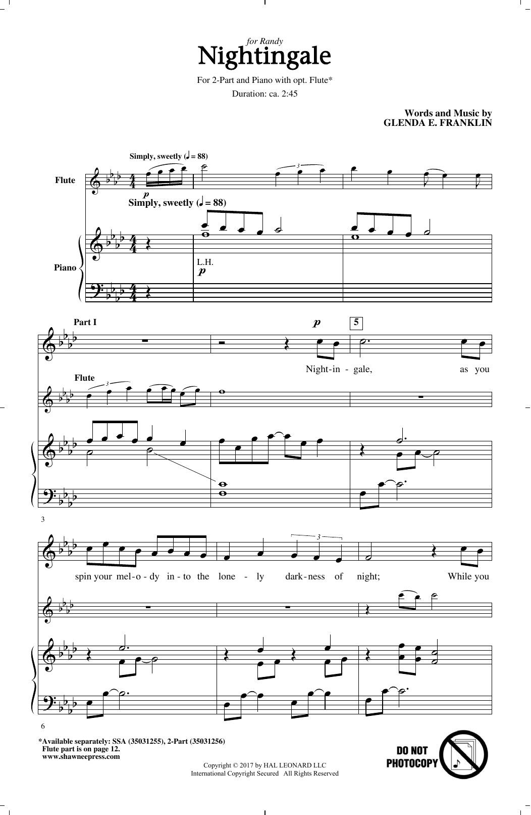 Download Glenda E. Franklin Nightingale Sheet Music and learn how to play SSA PDF digital score in minutes