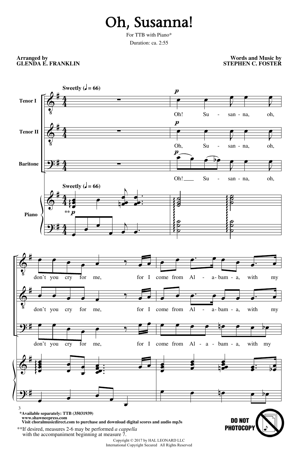 Download Glenda E. Franklin Oh, Susanna! Sheet Music and learn how to play TTBB PDF digital score in minutes