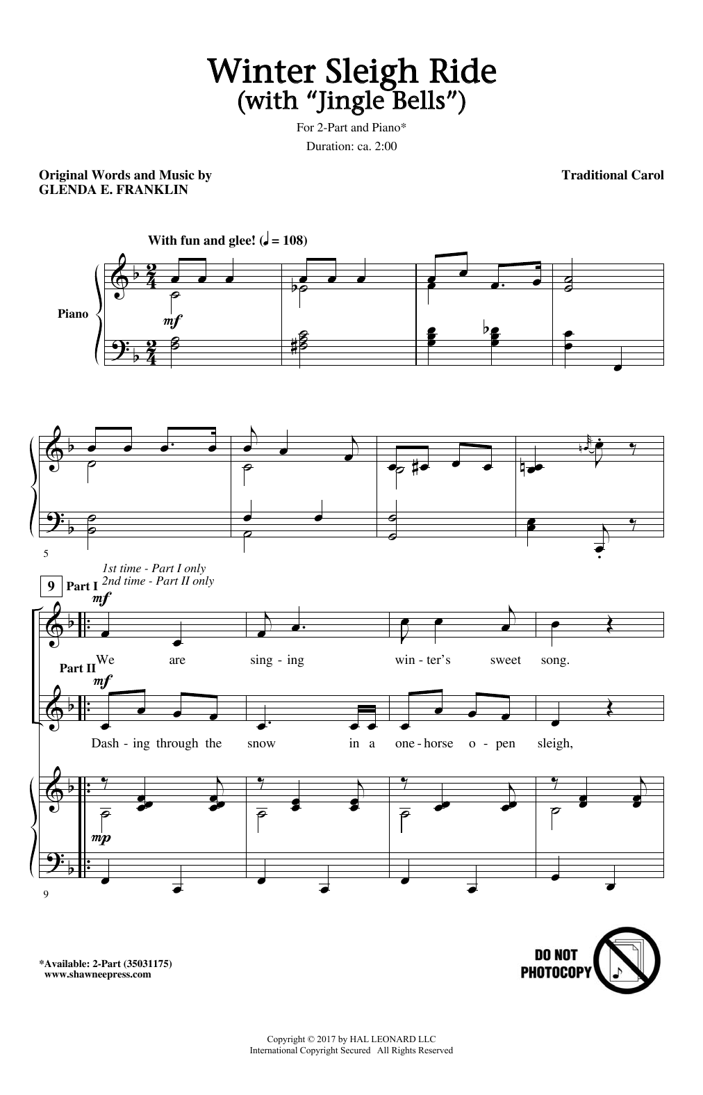 Download Glenda E. Franklin Winter Sleigh Ride (With Jingle Bells) Sheet Music and learn how to play 2-Part Choir PDF digital score in minutes