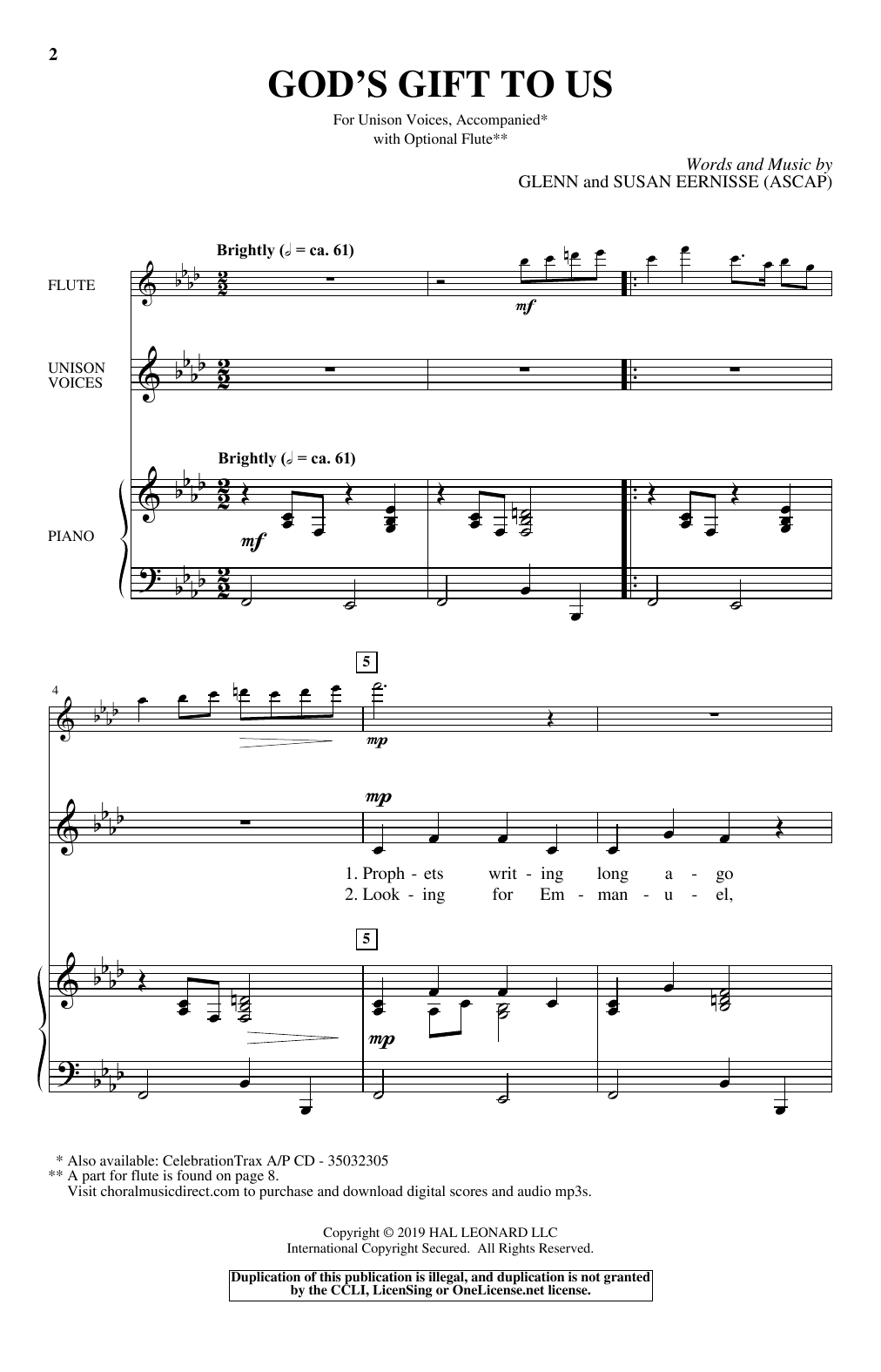 Download Glenn & Susan Eernisse God's Gift To Us Sheet Music and learn how to play Unison Choir PDF digital score in minutes