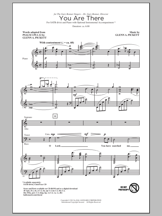 Download Glenn A. Pickett You Are There Sheet Music and learn how to play SATB PDF digital score in minutes