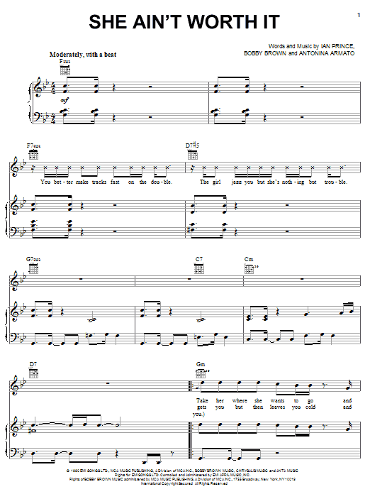 Download Glenn Medeiros She Ain't Worth It Sheet Music and learn how to play Piano, Vocal & Guitar (Right-Hand Melody) PDF digital score in minutes