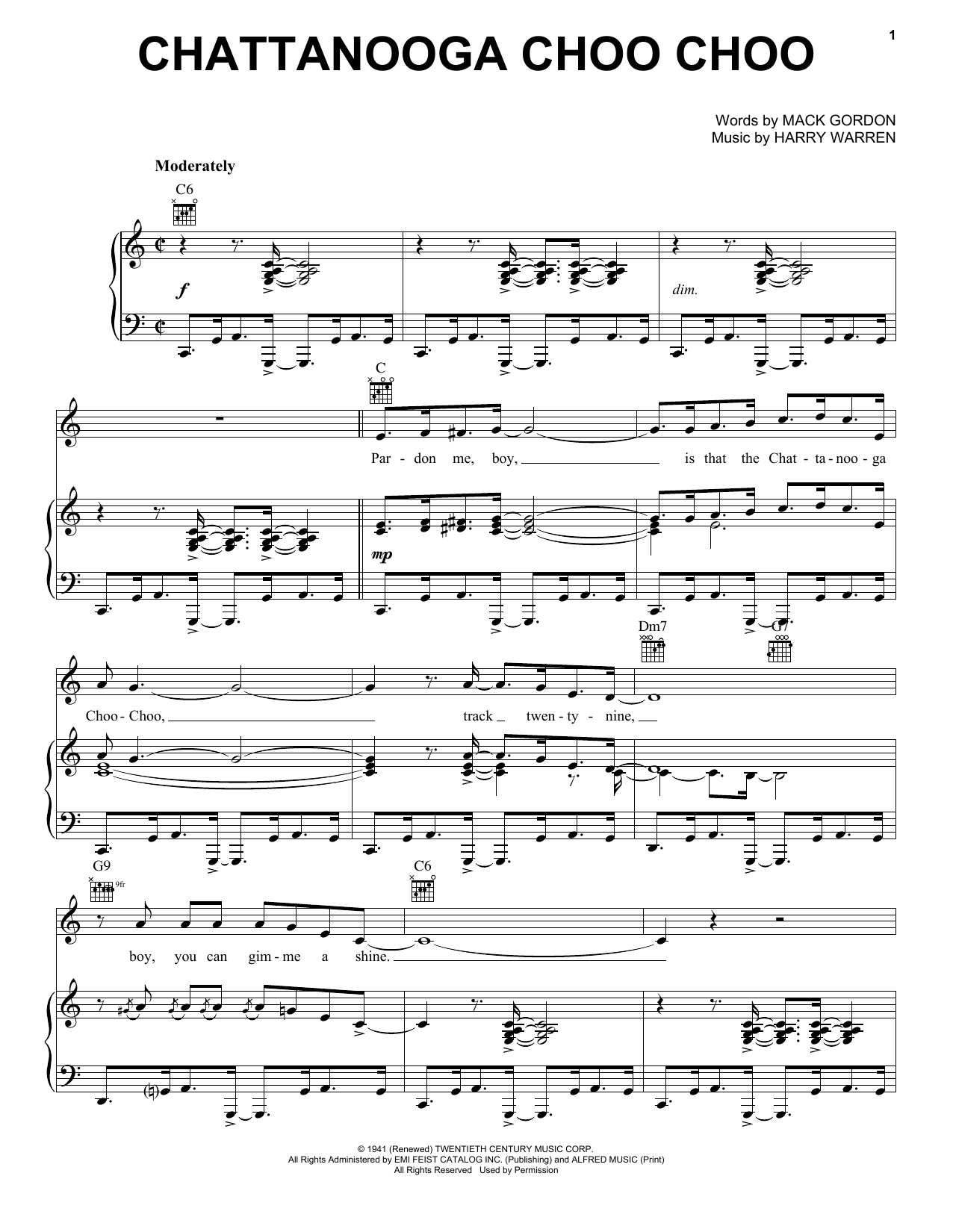 Download Glenn Miller Chattanooga Choo Choo Sheet Music and learn how to play Piano, Vocal & Guitar (Right-Hand Melody) PDF digital score in minutes