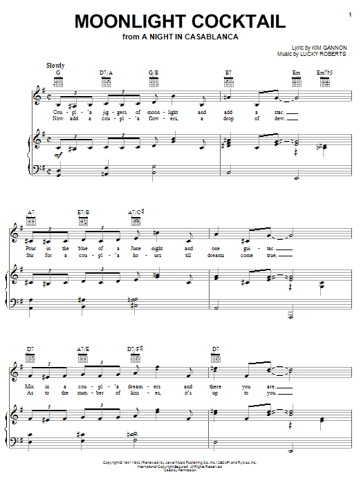 Download Kim Gannon Moonlight Cocktail Sheet Music and learn how to play Melody Line, Lyrics & Chords PDF digital score in minutes