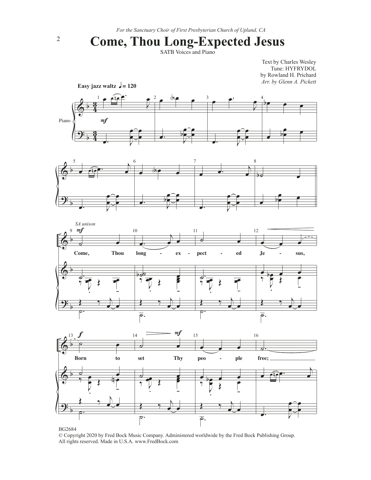 Download Glenn Pickett Come, Thou Long-Expected Jesus Sheet Music and learn how to play SATB Choir PDF digital score in minutes