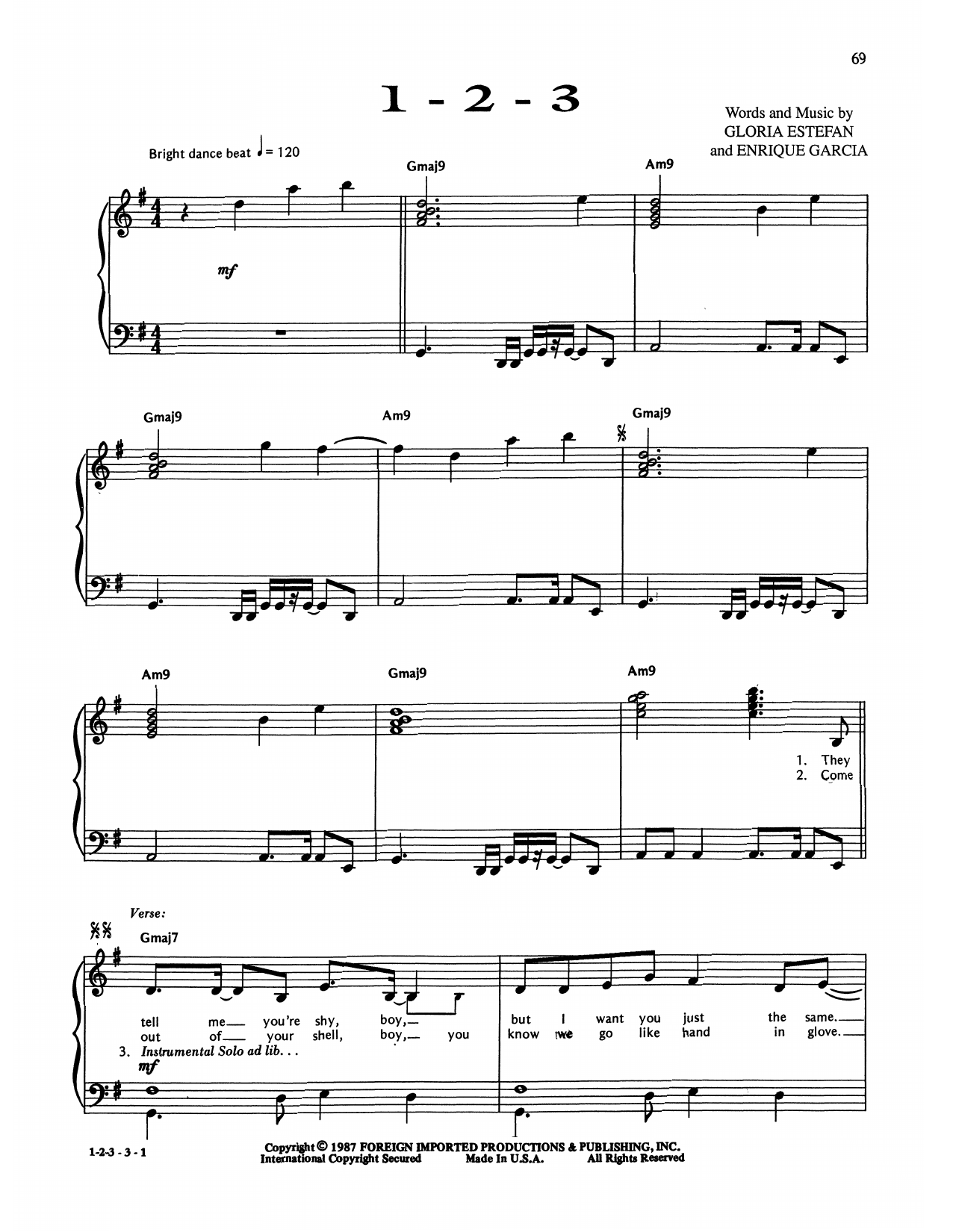 Download Gloria Estefan & Miami Sound Machine 1-2-3 Sheet Music and learn how to play Piano, Vocal & Guitar Chords (Right-Hand Melody) PDF digital score in minutes