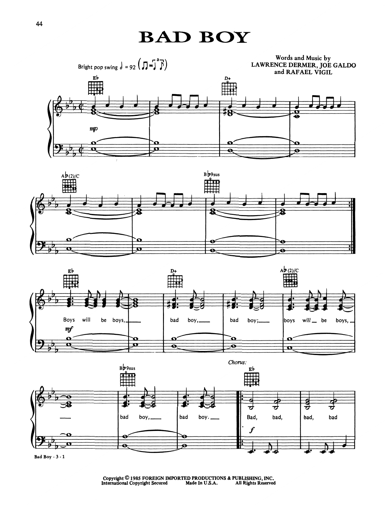 Download Gloria Estefan & Miami Sound Machine Bad Boy Sheet Music and learn how to play Piano, Vocal & Guitar Chords (Right-Hand Melody) PDF digital score in minutes
