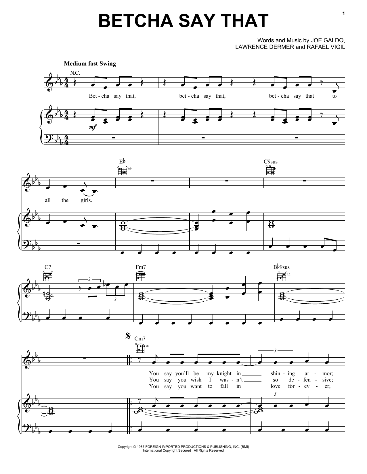 Download Gloria Estefan & Miami Sound Machine Betcha Say That Sheet Music and learn how to play Piano, Vocal & Guitar Chords (Right-Hand Melody) PDF digital score in minutes