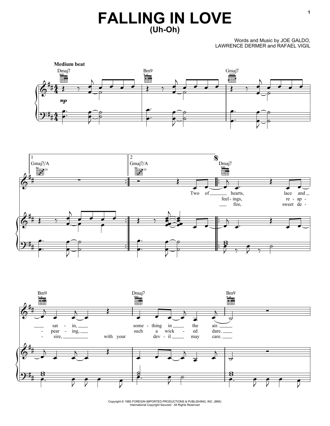 Download Gloria Estefan & Miami Sound Machine Falling In Love (Uh-Oh) Sheet Music and learn how to play Piano, Vocal & Guitar Chords (Right-Hand Melody) PDF digital score in minutes