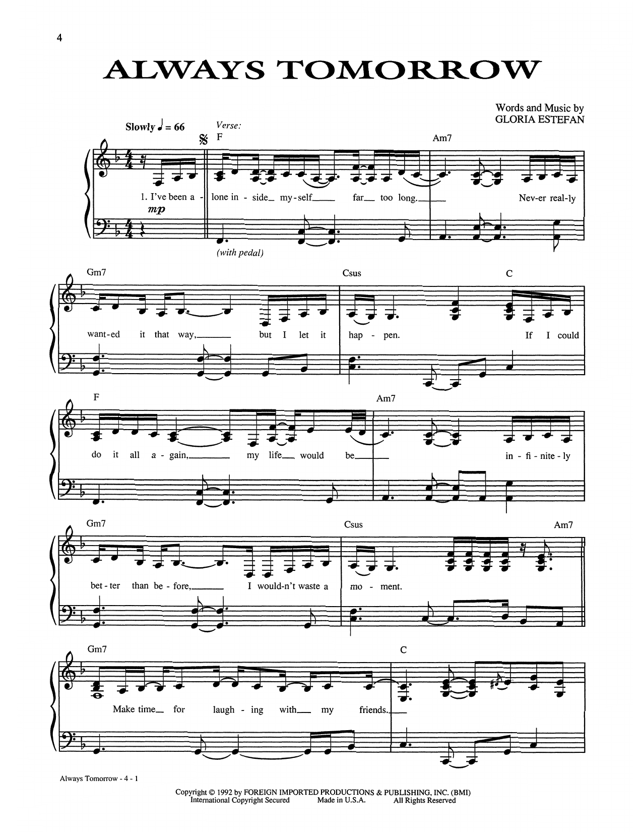 Download Gloria Estefan Always Tomorrow Sheet Music and learn how to play Piano, Vocal & Guitar Chords (Right-Hand Melody) PDF digital score in minutes