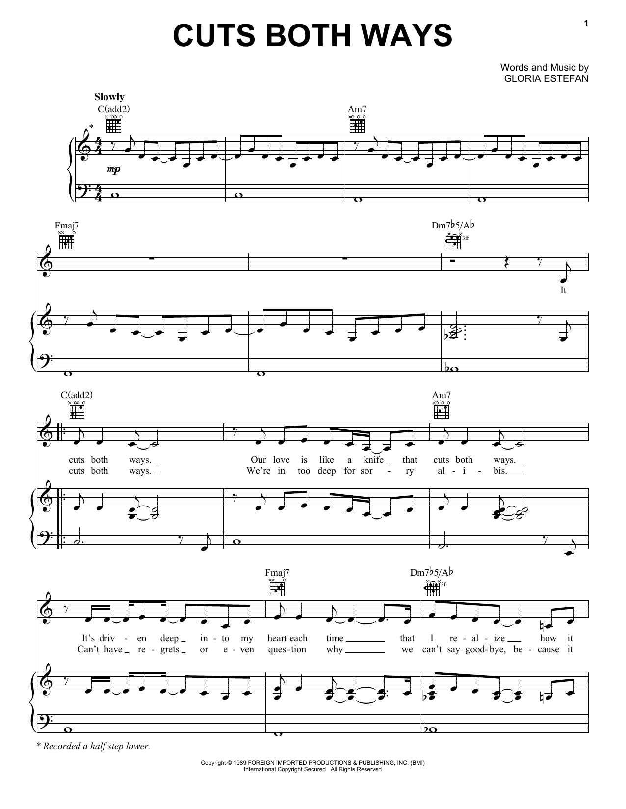 Download Gloria Estefan Cuts Both Ways Sheet Music and learn how to play Piano, Vocal & Guitar Chords (Right-Hand Melody) PDF digital score in minutes