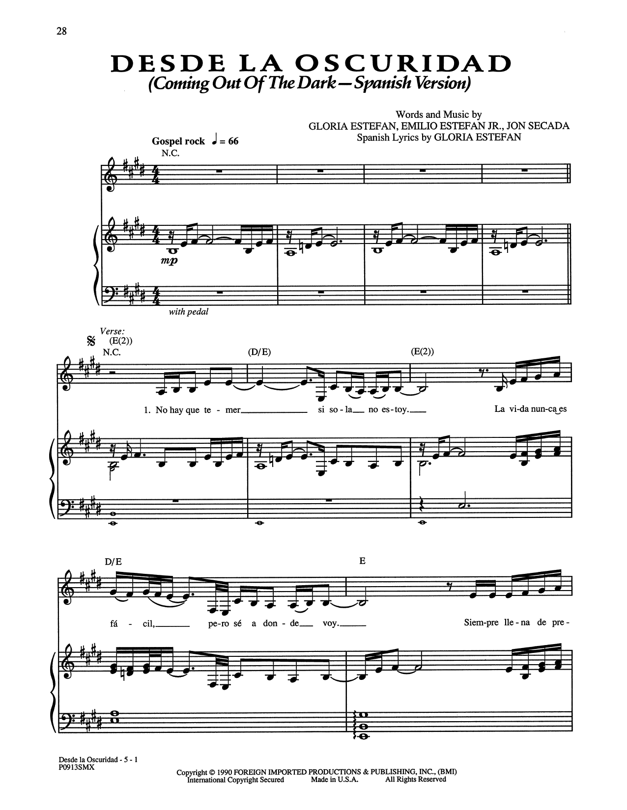Download Gloria Estefan Desde La Oscuridad - (Coming Out of the Dark) [Spanish Version] Sheet Music and learn how to play Piano, Vocal & Guitar Chords (Right-Hand Melody) PDF digital score in minutes
