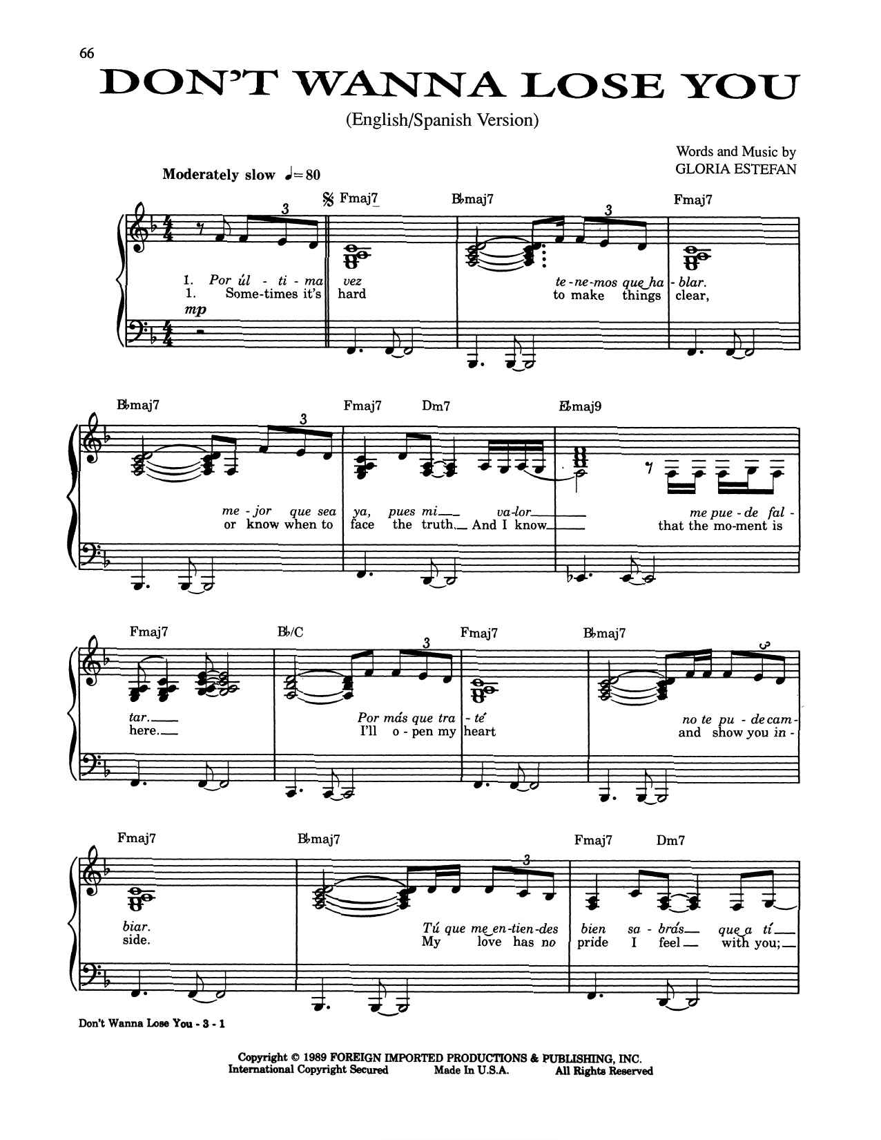 Download Gloria Estefan Don't Wanna Lose You Sheet Music and learn how to play Piano, Vocal & Guitar Chords (Right-Hand Melody) PDF digital score in minutes