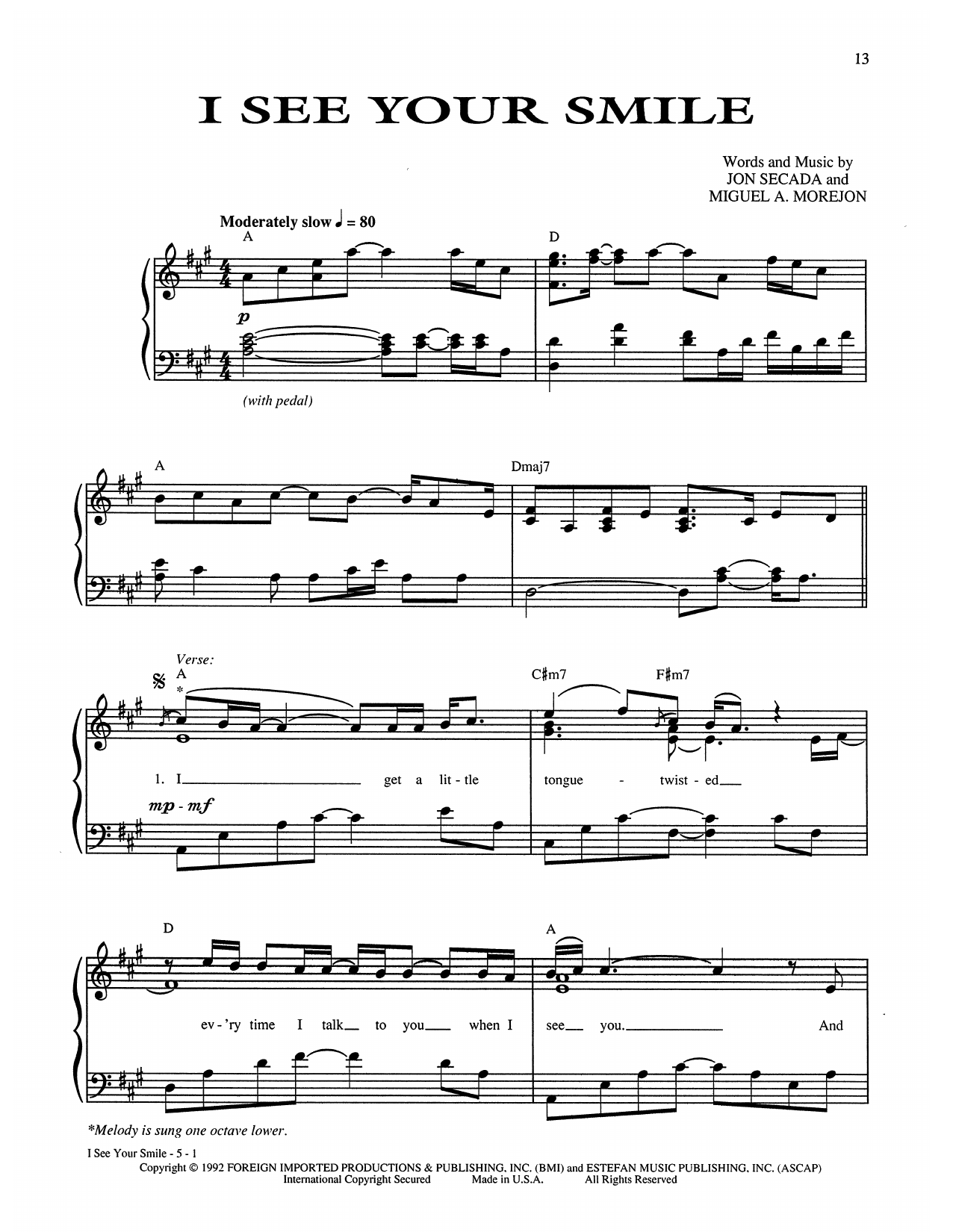 Download Gloria Estefan I See Your Smile Sheet Music and learn how to play Piano, Vocal & Guitar Chords (Right-Hand Melody) PDF digital score in minutes