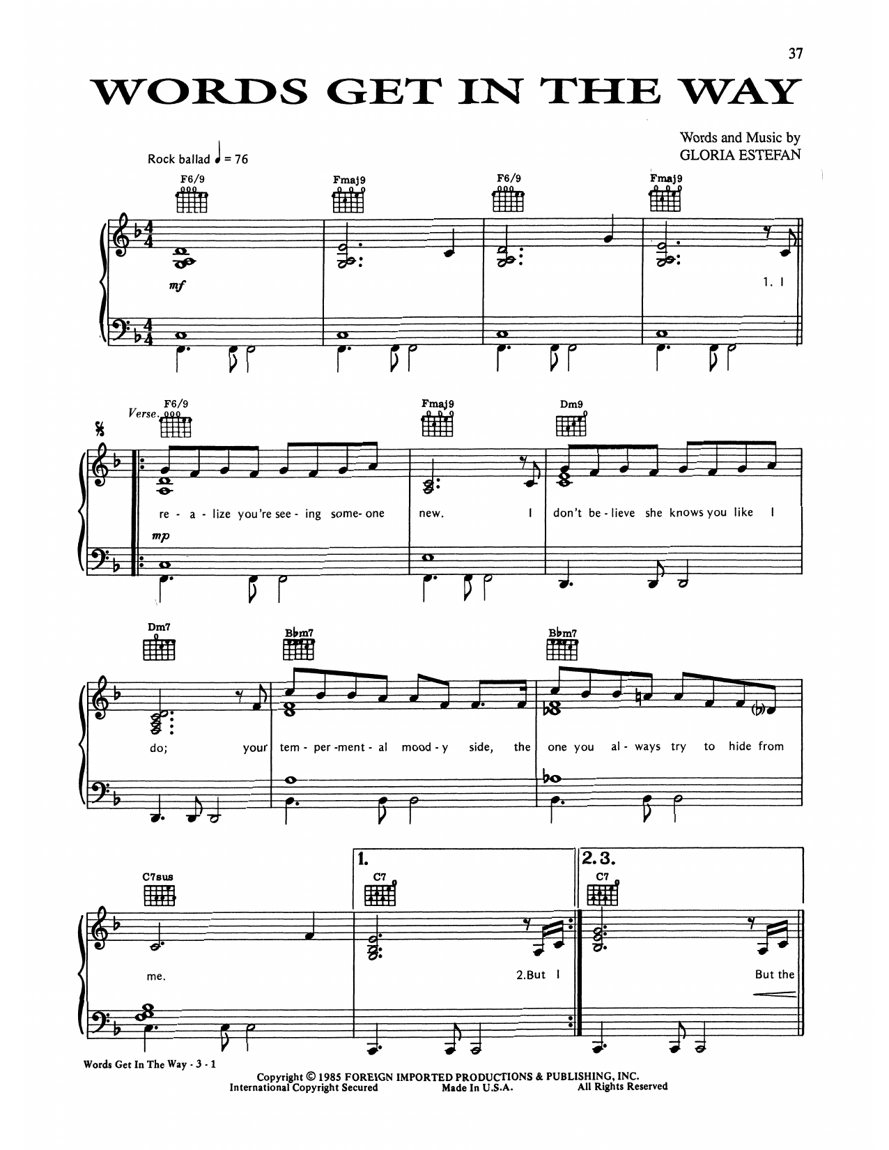 Download Gloria Estefan Words Get In The Way Sheet Music and learn how to play Piano, Vocal & Guitar Chords (Right-Hand Melody) PDF digital score in minutes