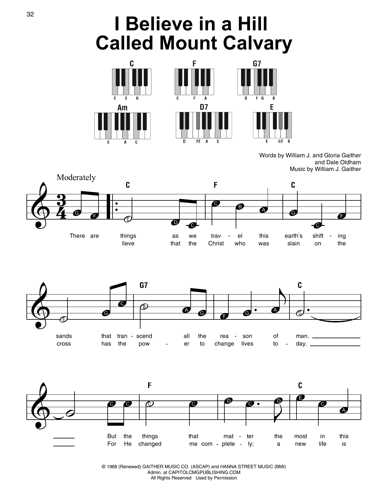 Download Gloria Gaither I Believe In A Hill Called Mount Calvary Sheet Music and learn how to play Super Easy Piano PDF digital score in minutes