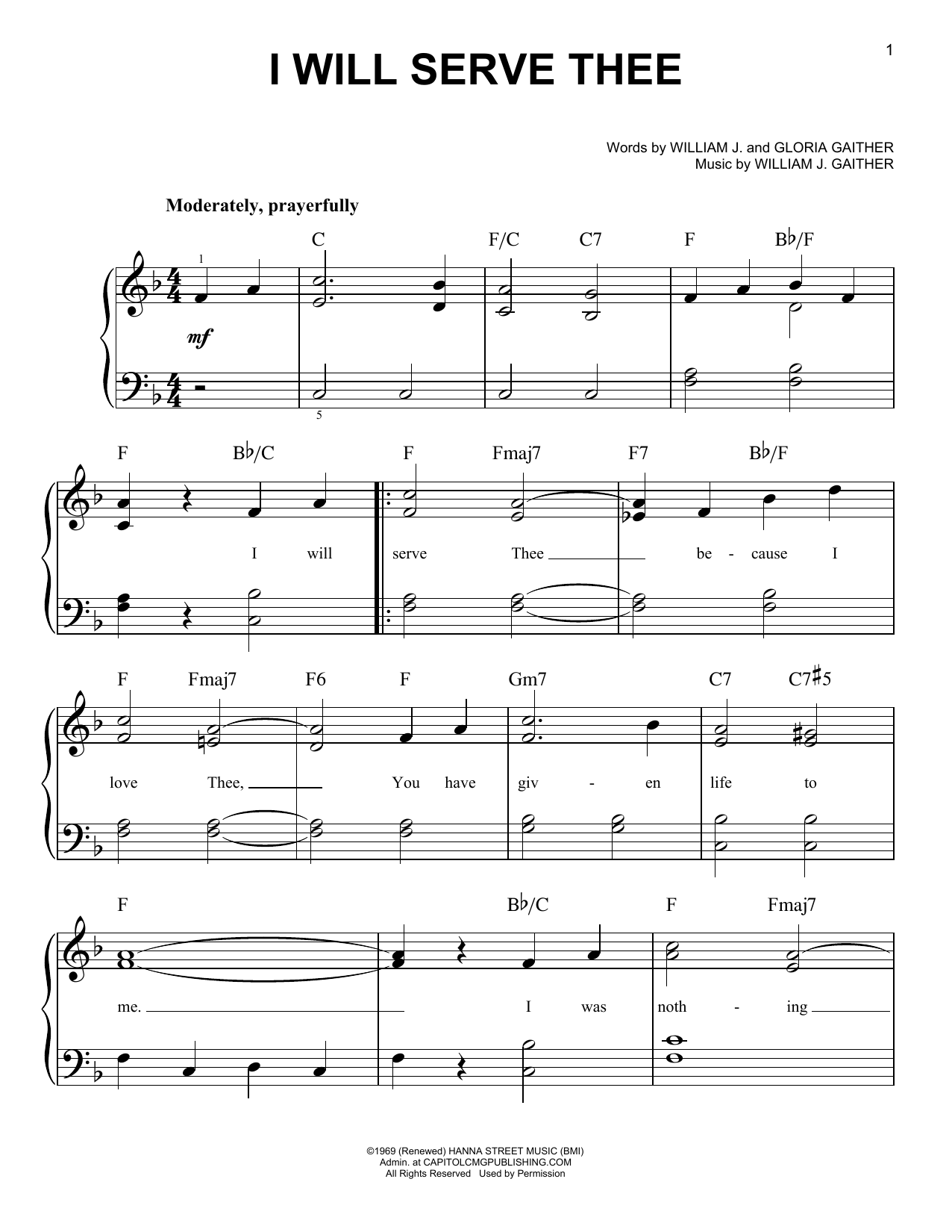 Download Gloria Gaither I Will Serve Thee Sheet Music and learn how to play Easy Piano PDF digital score in minutes