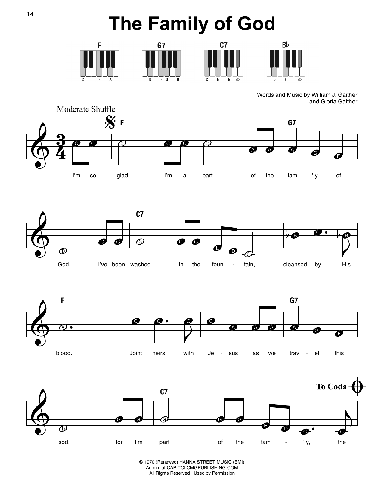 Download Gloria Gaither The Family Of God Sheet Music and learn how to play Super Easy Piano PDF digital score in minutes