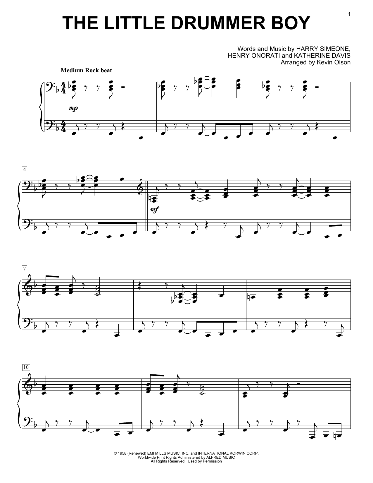 Download Gloria Gaynor The Little Drummer Boy (arr. Kevin Olson) Sheet Music and learn how to play Easy Piano Solo PDF digital score in minutes