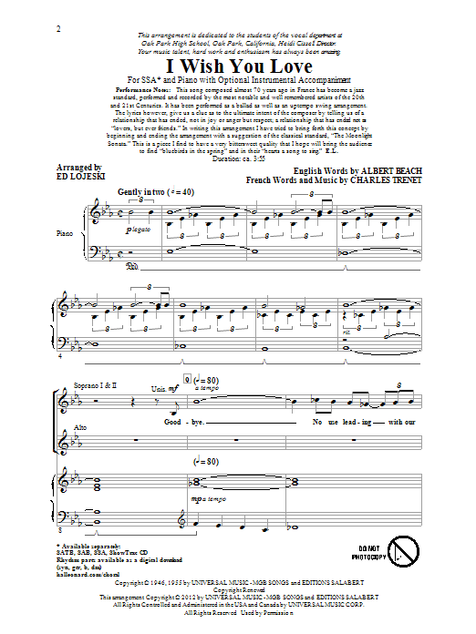 Download Ed Lojeski I Wish You Love Sheet Music and learn how to play SSA PDF digital score in minutes