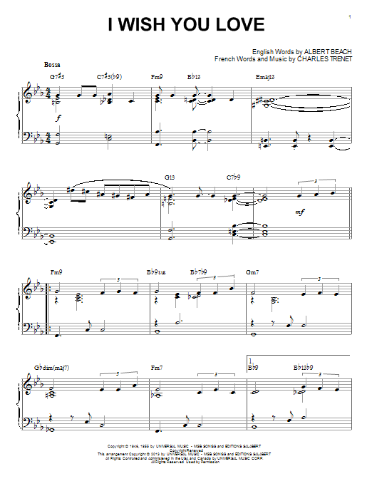 Download Gloria Lynne I Wish You Love Sheet Music and learn how to play Piano PDF digital score in minutes