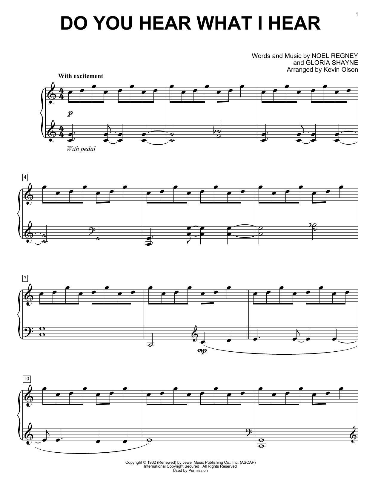 Download Gloria Shayne Do You Hear What I Hear (arr. Kevin Olson) Sheet Music and learn how to play Easy Piano Solo PDF digital score in minutes