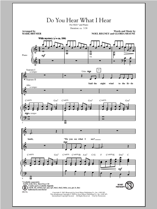 Download Gloria Shayne Do You Hear What I Hear (arr. Mark Brymer) Sheet Music and learn how to play SSA PDF digital score in minutes