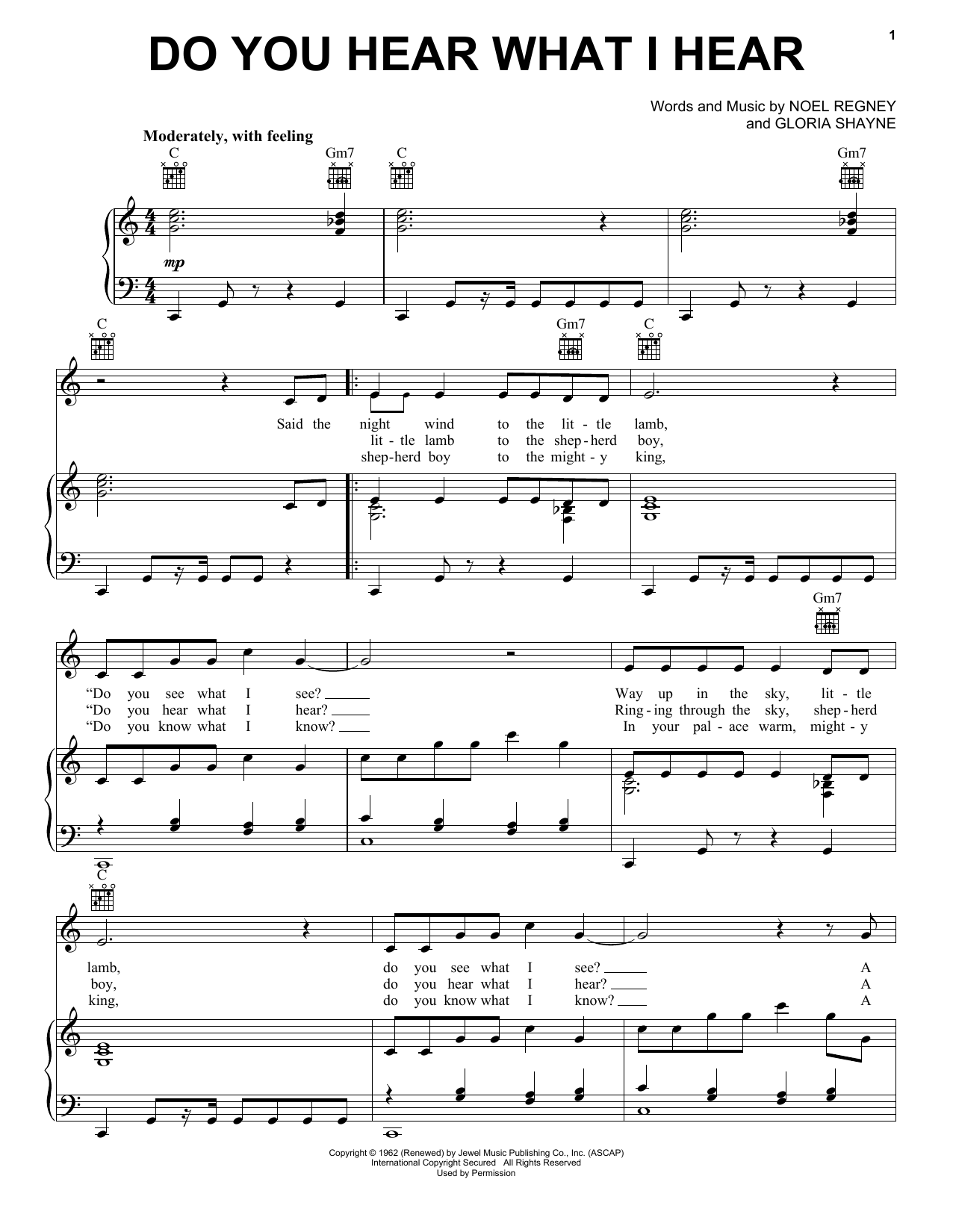 Download Gloria Shayne Do You Hear What I Hear Sheet Music and learn how to play Piano, Vocal & Guitar (Right-Hand Melody) PDF digital score in minutes