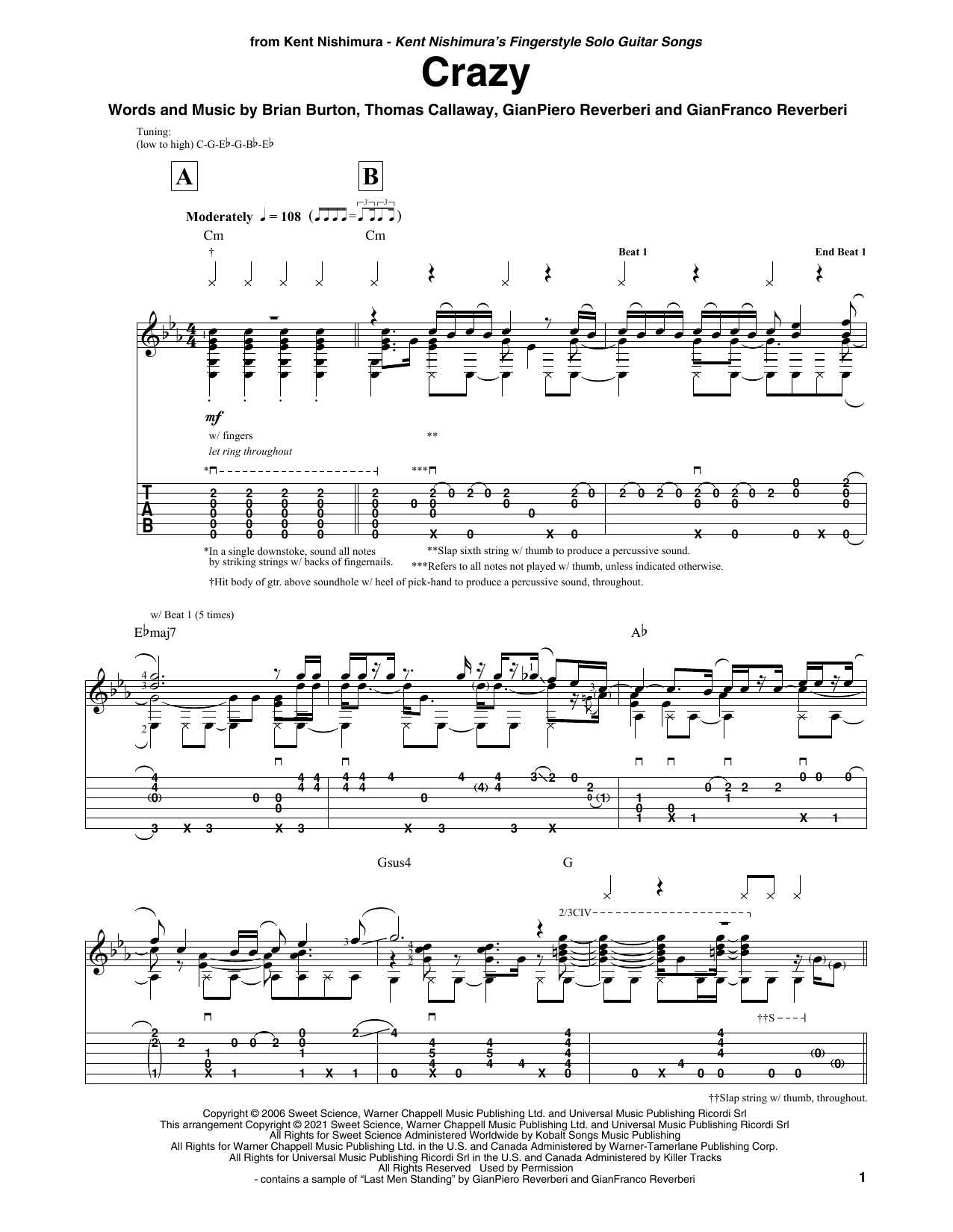 Download Gnarls Barkley Crazy (arr. Kent Nishimura) Sheet Music and learn how to play Solo Guitar PDF digital score in minutes