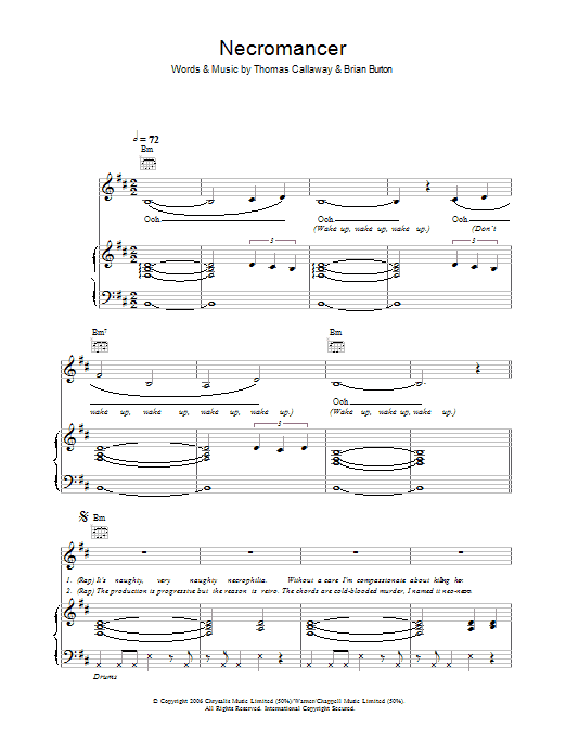 Download Gnarls Barkley Necromancer Sheet Music and learn how to play Piano, Vocal & Guitar (Right-Hand Melody) PDF digital score in minutes