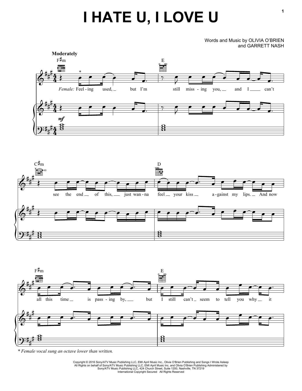 Download gnash I Hate U, I Love U (feat. Olivia O'Brien) Sheet Music and learn how to play Piano, Vocal & Guitar (Right-Hand Melody) PDF digital score in minutes