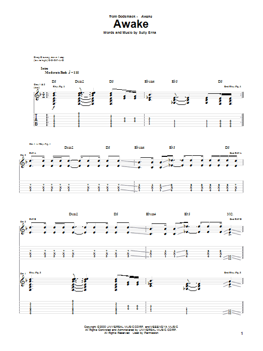 Download Godsmack Awake Sheet Music and learn how to play Guitar Tab PDF digital score in minutes
