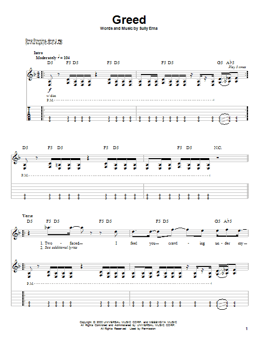 Download Godsmack Greed Sheet Music and learn how to play Guitar Tab (Single Guitar) PDF digital score in minutes