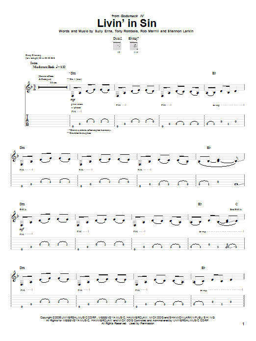 Download Godsmack Livin' In Sin Sheet Music and learn how to play Guitar Tab PDF digital score in minutes